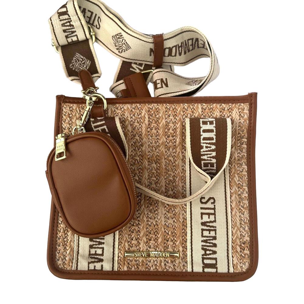 Steve Madden Bwebber Straw & Cognac Crossbody Bag with Detachable Pouch Euc